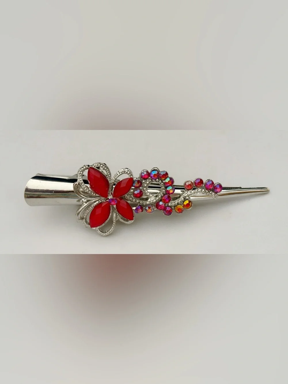 2 Elegant Red Crystal Silver-tone Alligator Hair Clamps